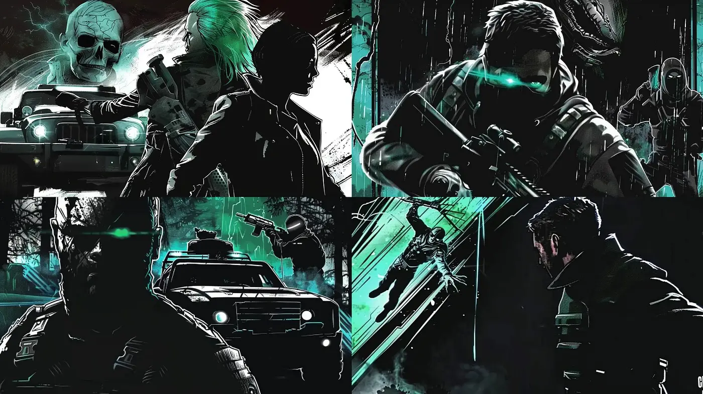 Cyber-Noir Vigilance: A Meld of Futuristic Grit and Shadow - Midjourney sref style