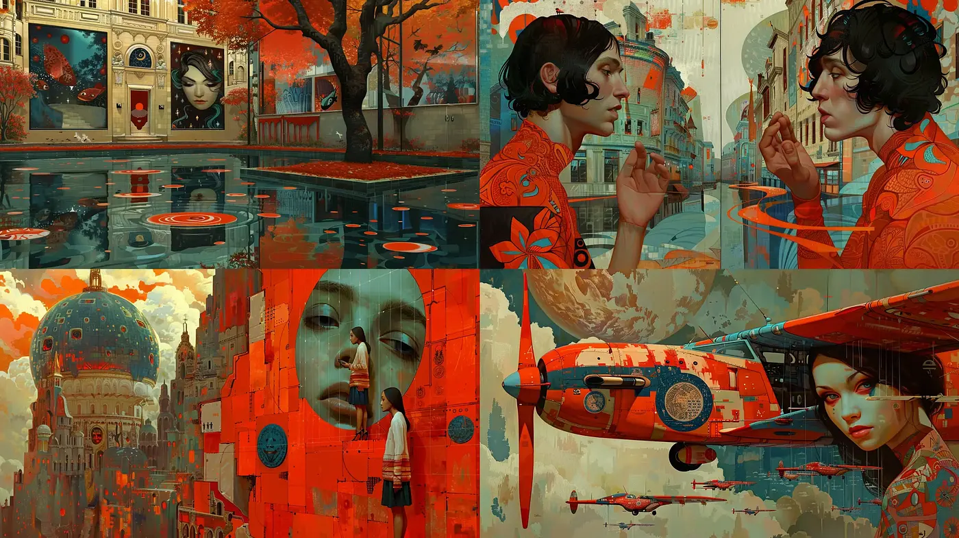 Ethereal Dreamscape Canvas: A Tapestry of Vivid Tones and Surreal Storytelling - Midjourney sref style