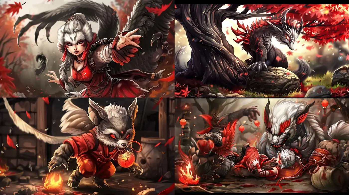 Ethereal Crimson Fantasia: A Vivid Interpretation of Mythic Elements - Midjourney sref style