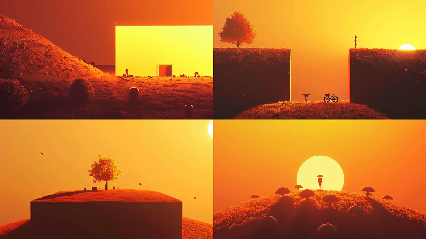 Sundrenched Monochromatic Vistas in Simplified Silhouettes - Midjourney sref style
