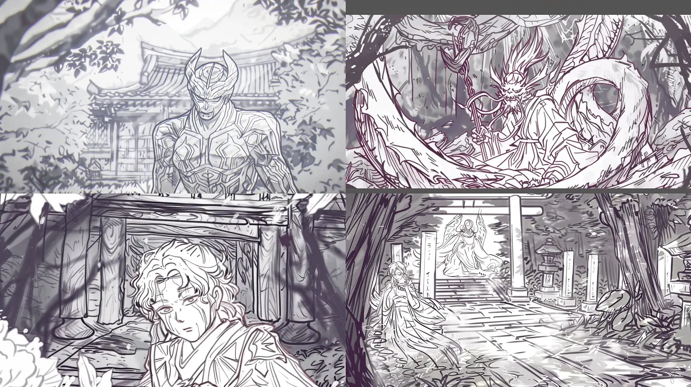 Monochromatic Ink Sketches with an Ethereal Essence and Mythical Subjects - Midjourney sref style