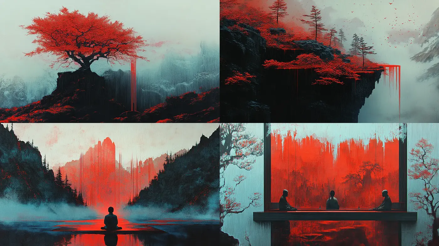 Crimson Hues amidst Misty Ethereal Landscapes - Midjourney sref style