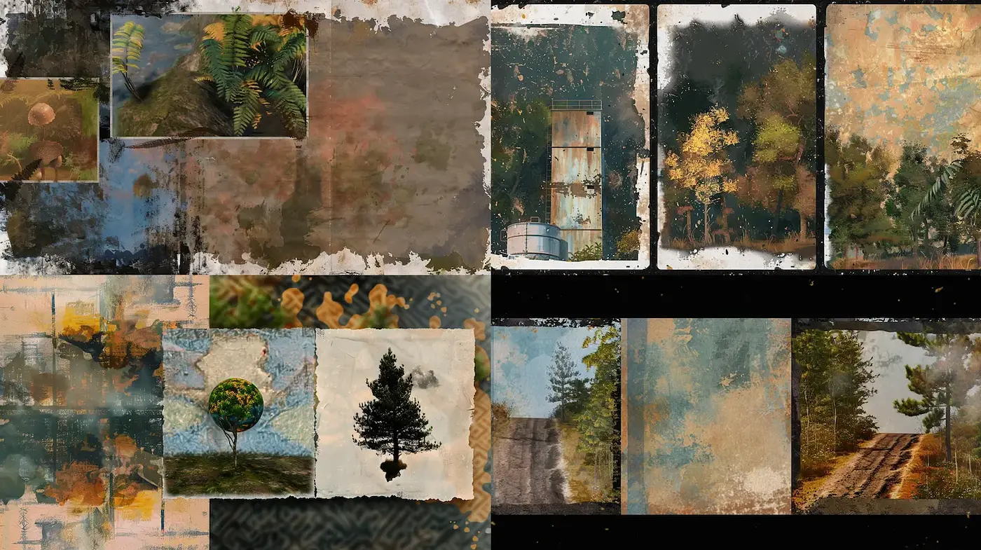 Eclectic textured landscapes with artistic overlays depicting nature - Midjourney sref style