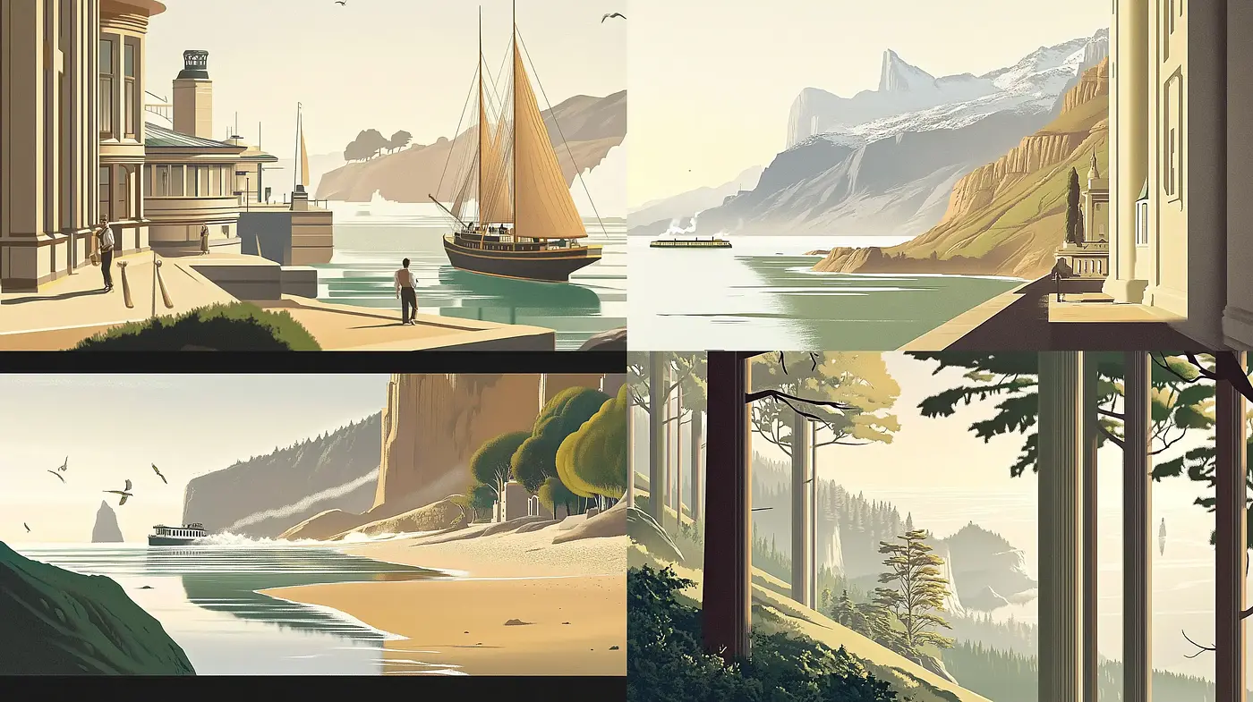 Serene Nautical Vistas in Stylized Geometric Hues - Midjourney sref style