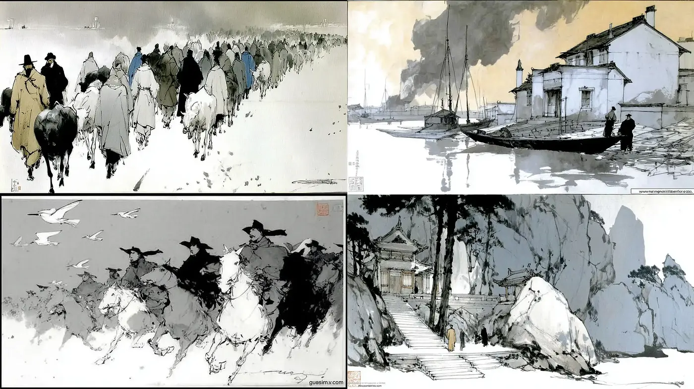 Sublime Harmonization of Nature and Humanity in a Serene, Monochromatic Landscape - Midjourney sref style
