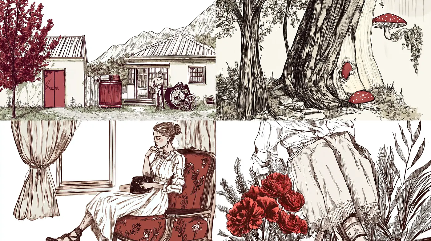 Sepia-Toned Sketches of Idyllic Country Life - Midjourney sref style