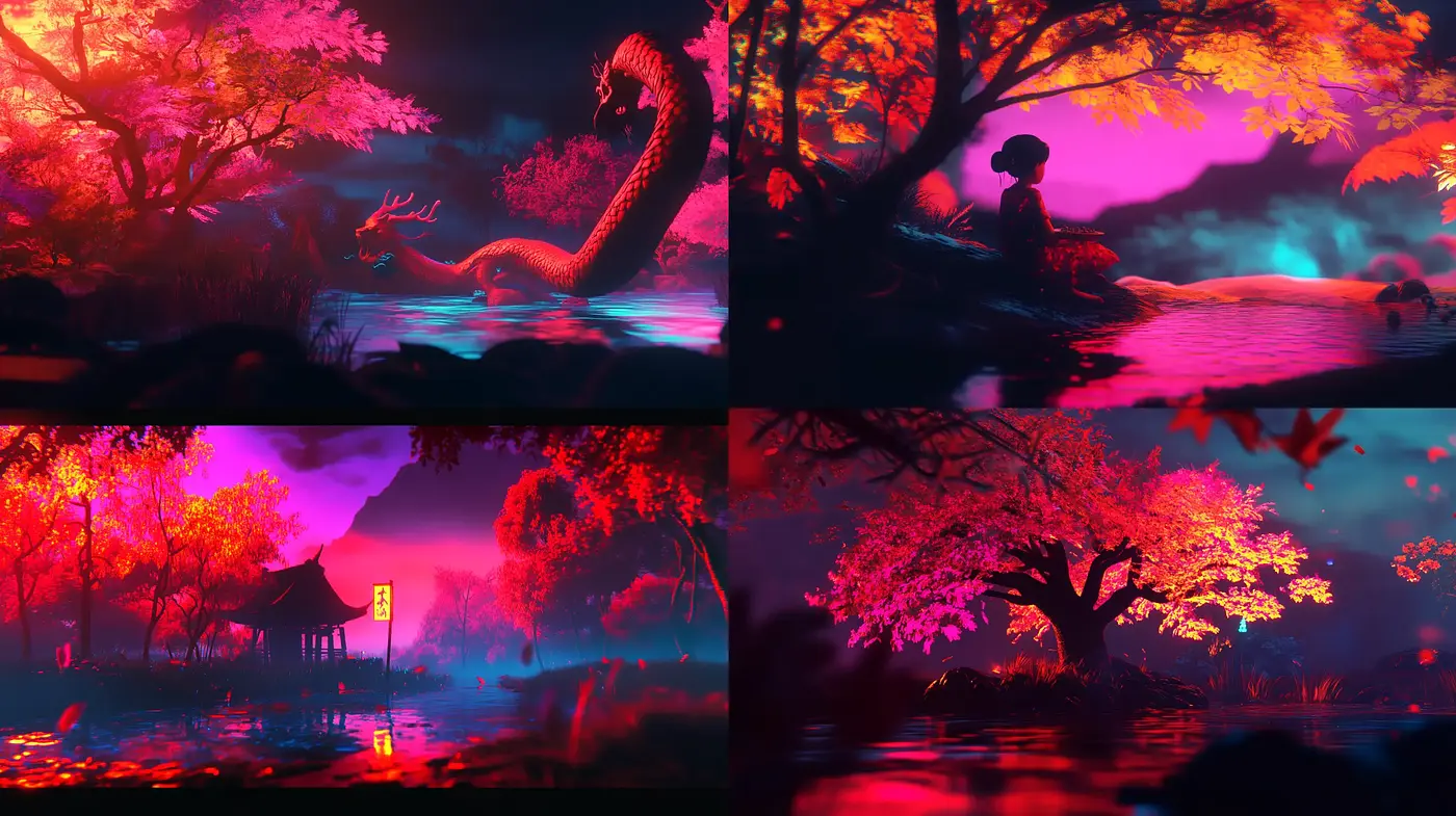 Enigmatic Twilight Dreamscapes with Iridescent Neon Hues - Midjourney sref style