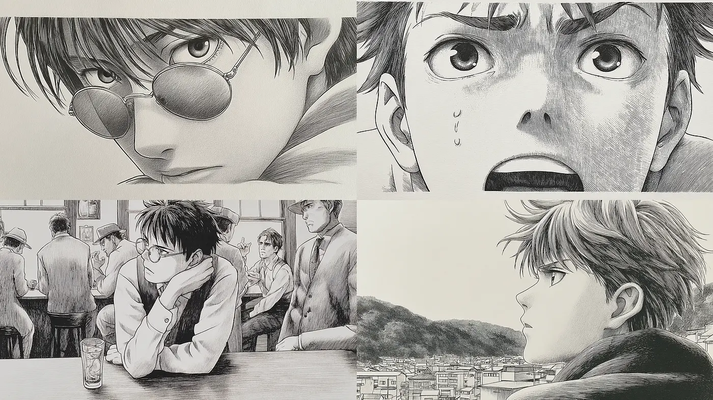 Dynamic monochrome illustrations with an emotional narrative - Midjourney sref style