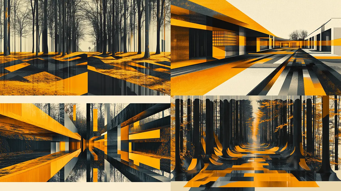 Golden Hues of Geometric Intricacy and Forested Landscapes - Midjourney sref style