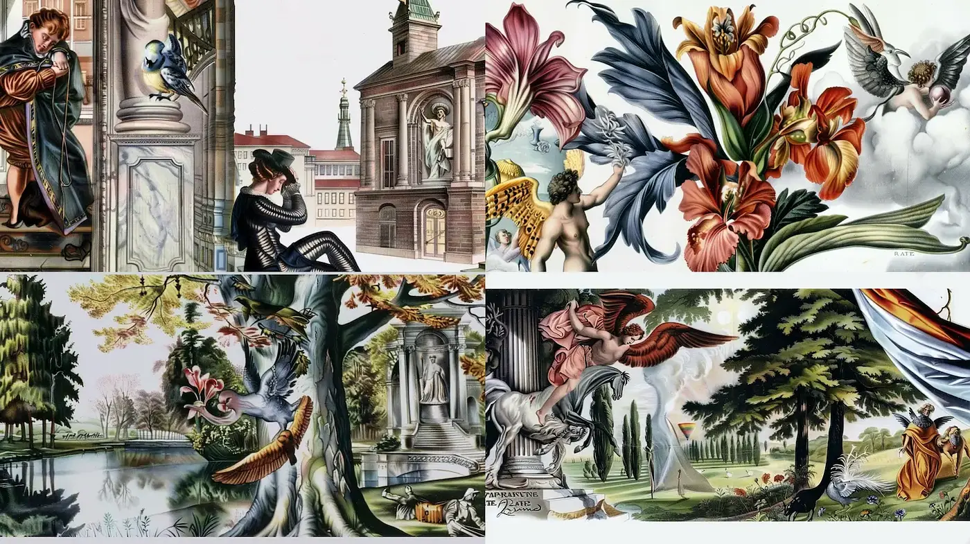Vibrant Floral and Classical Imagery with a Whimsical Touch - Midjourney sref style