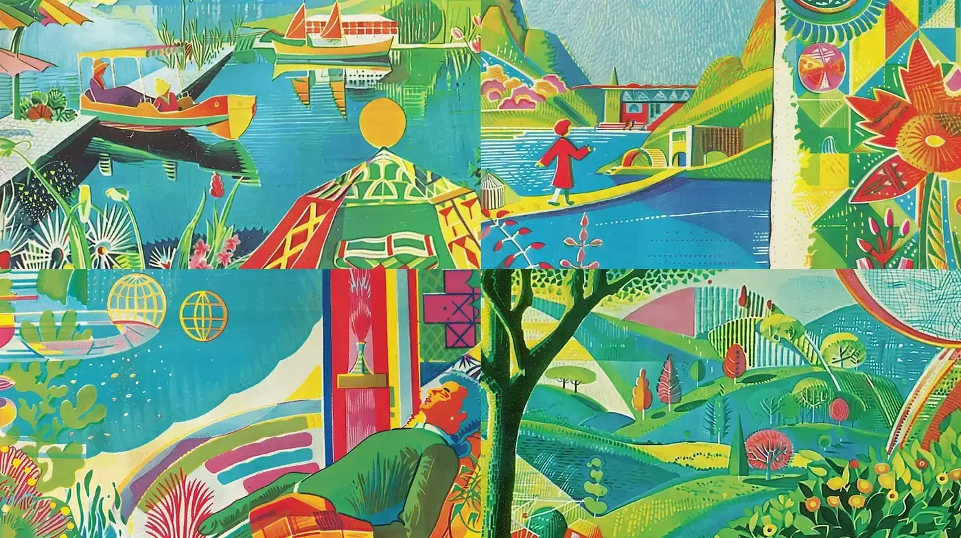 Vibrant and Playful Illustration with Bold Geometric Patterns - Midjourney sref style
