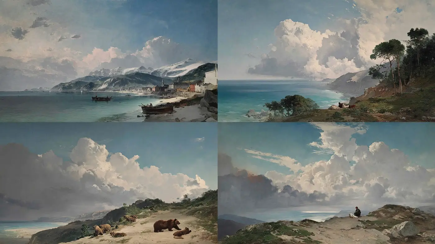 Serene Coastal Landscapes with Dramatic Cloudscapes and Natural Elements - Midjourney sref style
