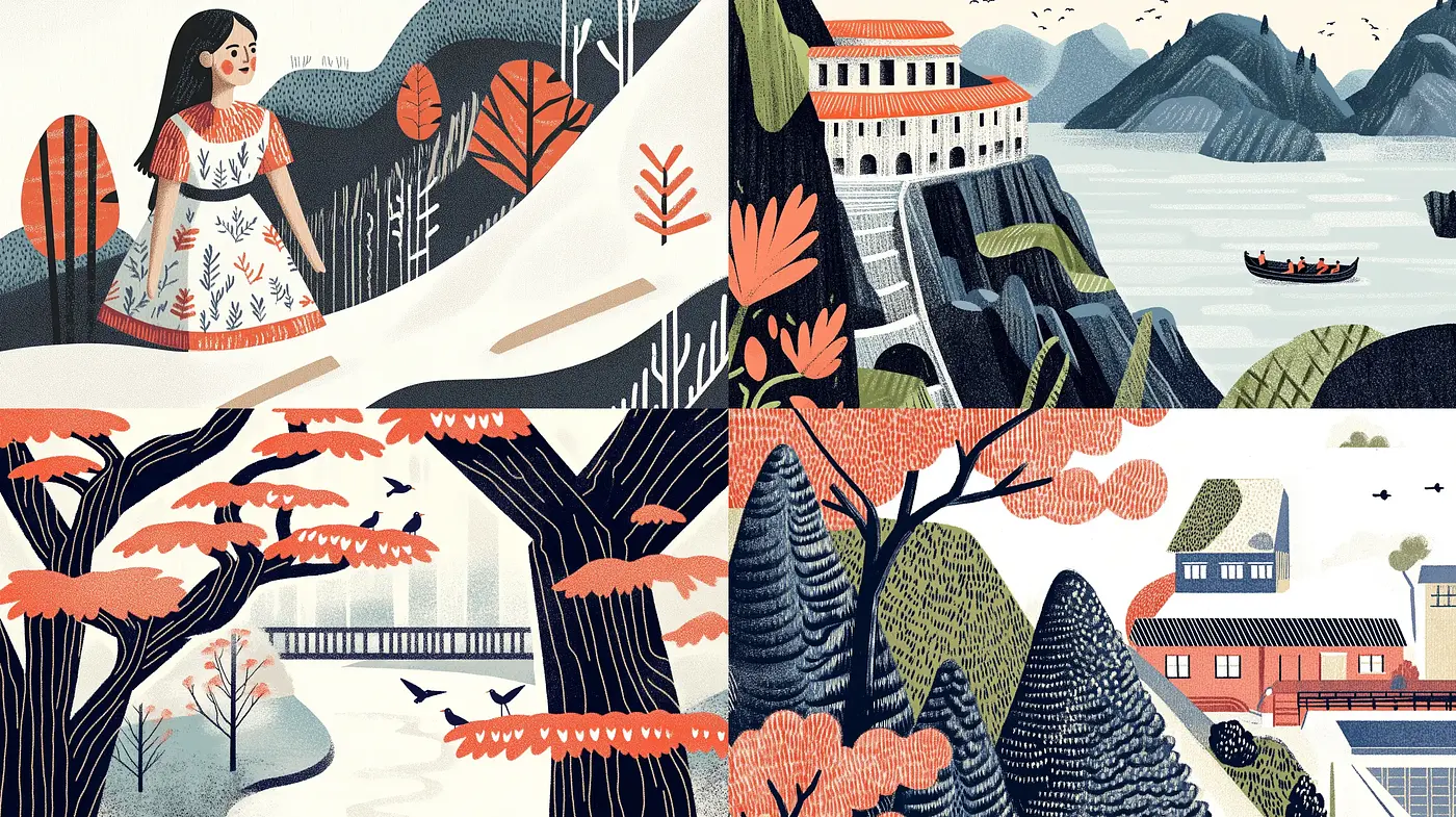 Harmonious Contrast of Serene Landscapes and Lively Patterns - Midjourney sref style