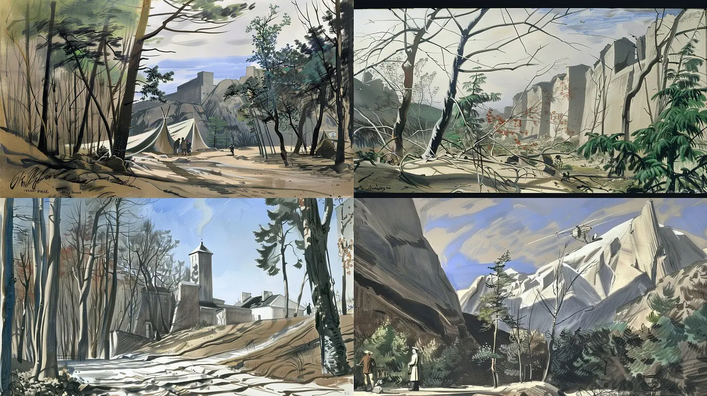 Evolving Landscapes of Stylized Serenity: A Harmonious Blend of Muted Colors and Expressive Brushwork - Midjourney sref style