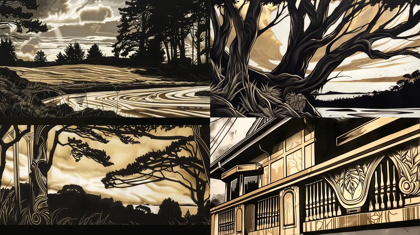 Monochromatic Sepia Twilight: A Fusion of Art Nouveau Design and Nature's Silhouettes - Midjourney sref style