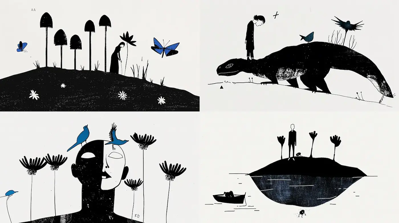 Surreal and Minimalistic Illustrations with Organic Forms and Bold Contrasts - Midjourney sref style