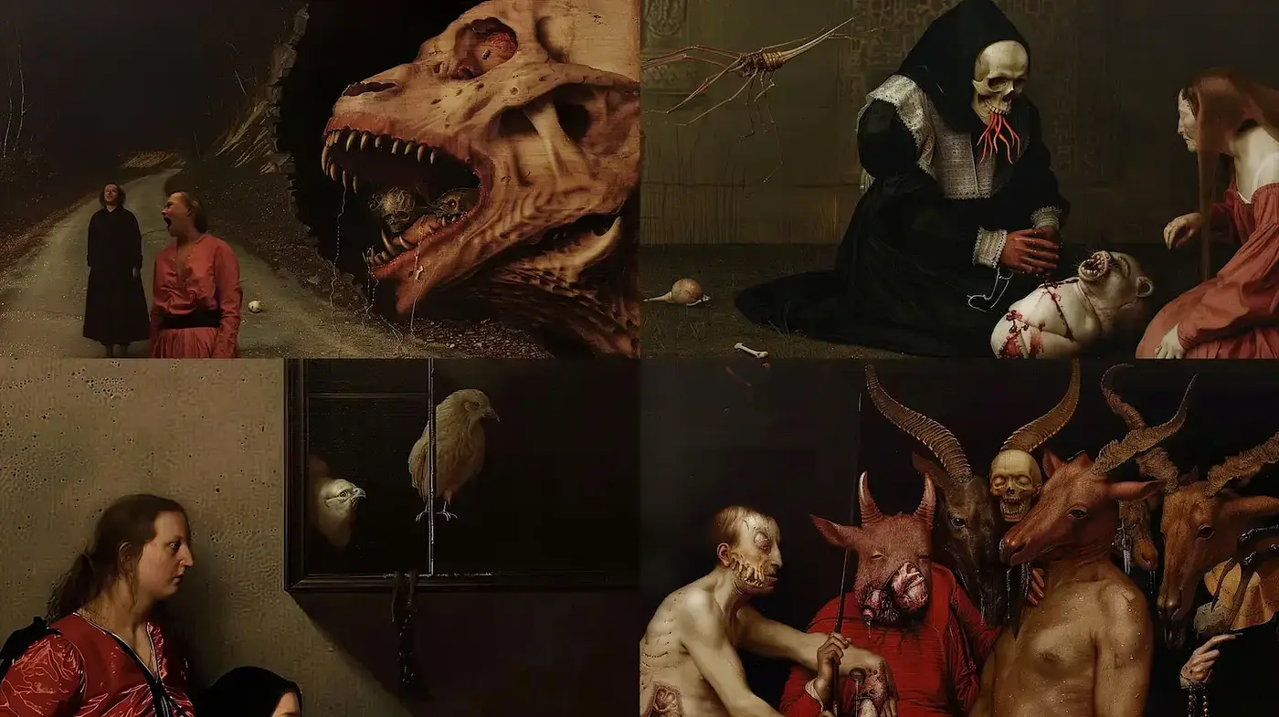 Dark Surrealistic Art with Baroque Influences and a Macabre Atmosphere - Midjourney sref style