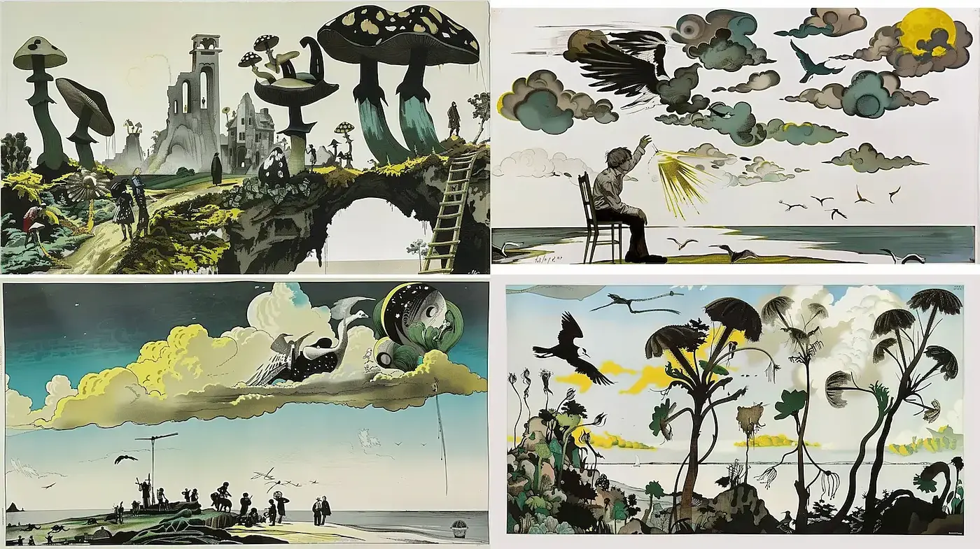 Surreal landscapes blending nature and fantasy in a vivid illustrative style - Midjourney sref style