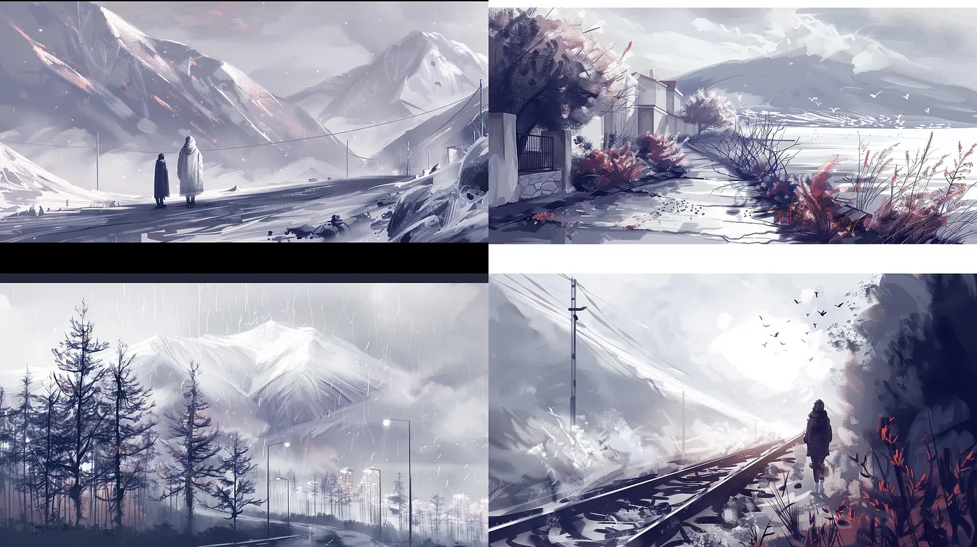 Monochrome Dreamscape: Harmonizing Hues and Ethereal Vistas - Midjourney sref style