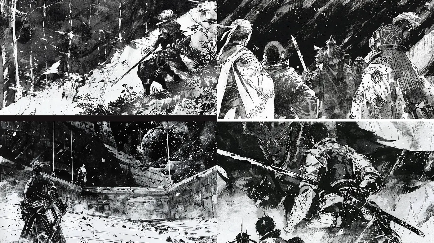 Monochromatic Dynamic Brushwork with Atmospheric Tension - Midjourney sref style