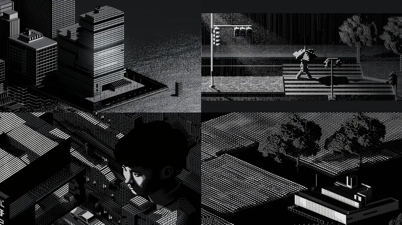 Monochromatic Noir Vignettes with Stippling Fabrication - Midjourney sref style