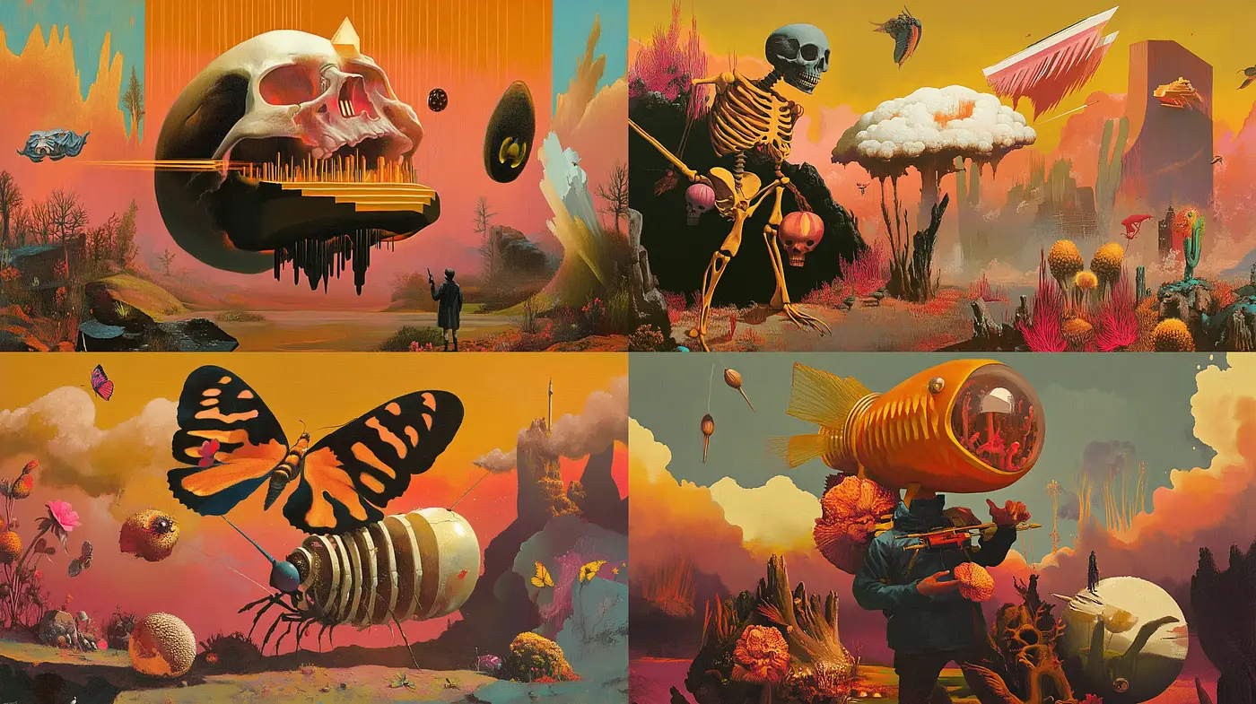 Surreal Dreamscapes with a Surrealist and Post-Apocalyptic Flair - Midjourney sref style