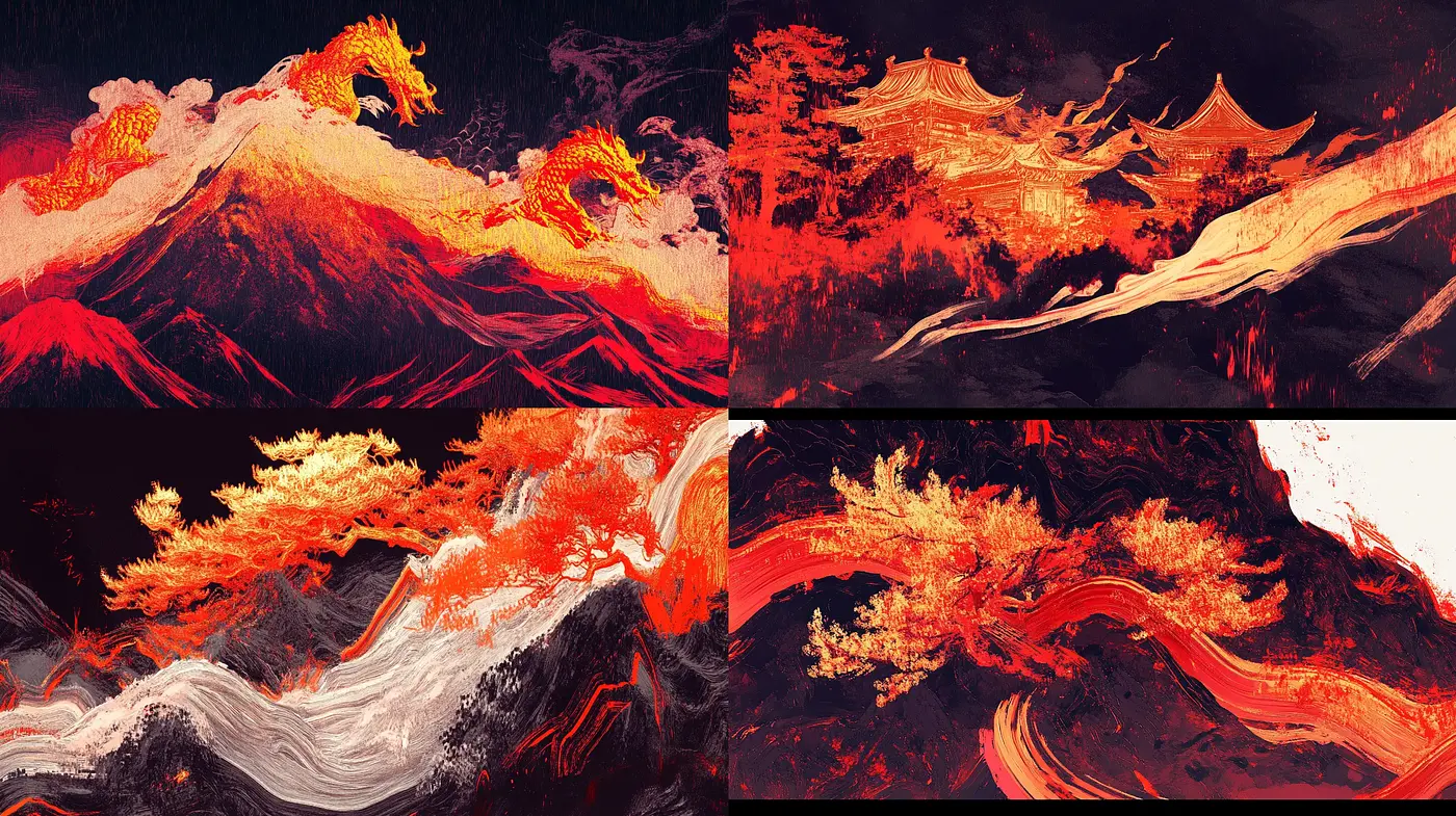 Fiery Brushstrokes and Dynamic Landscapes Fusion - Midjourney sref style