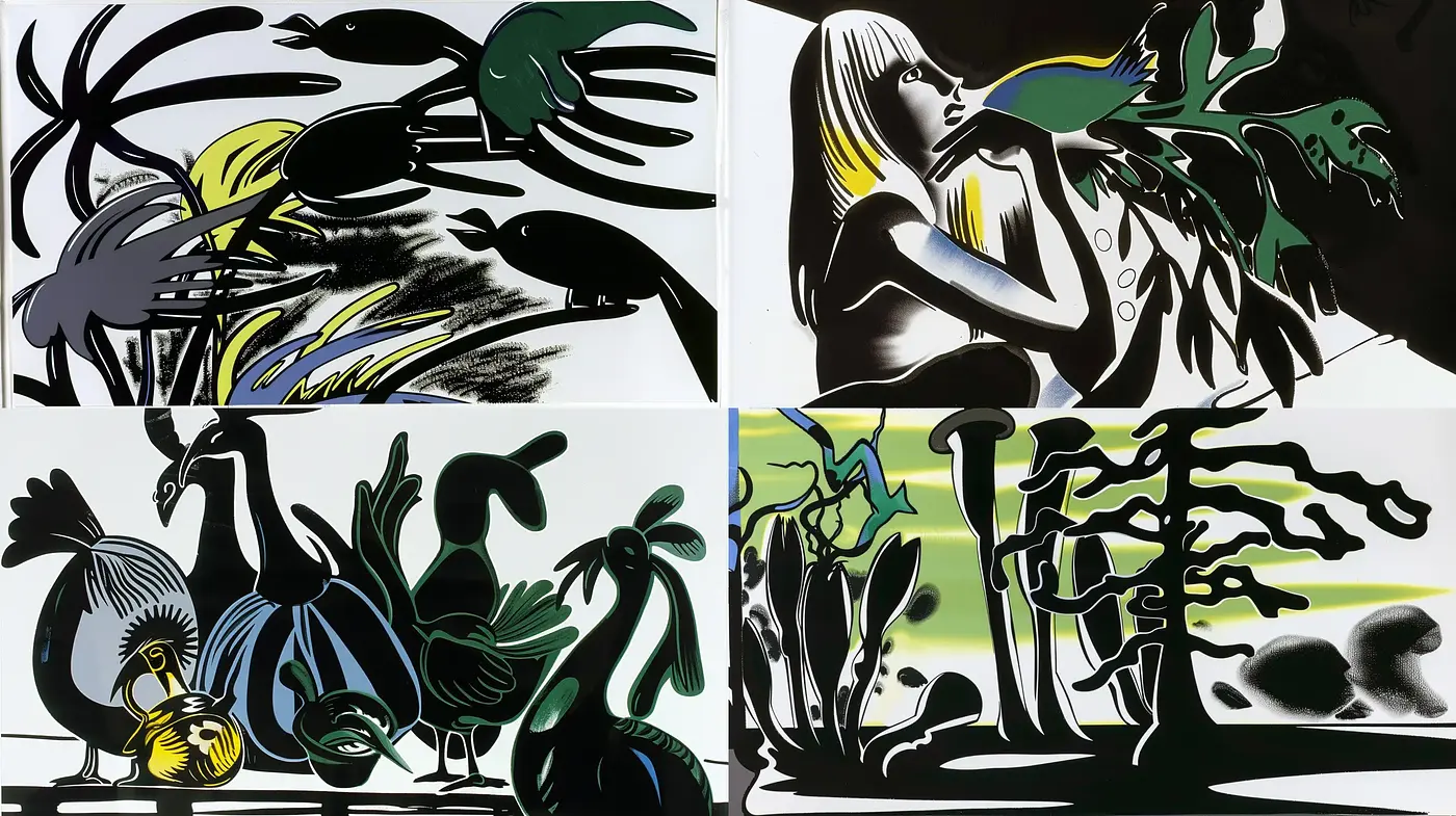 Graphic Contrast and Silhouetted Nature: A Tribute to Printmaking Aesthetics - Midjourney sref style
