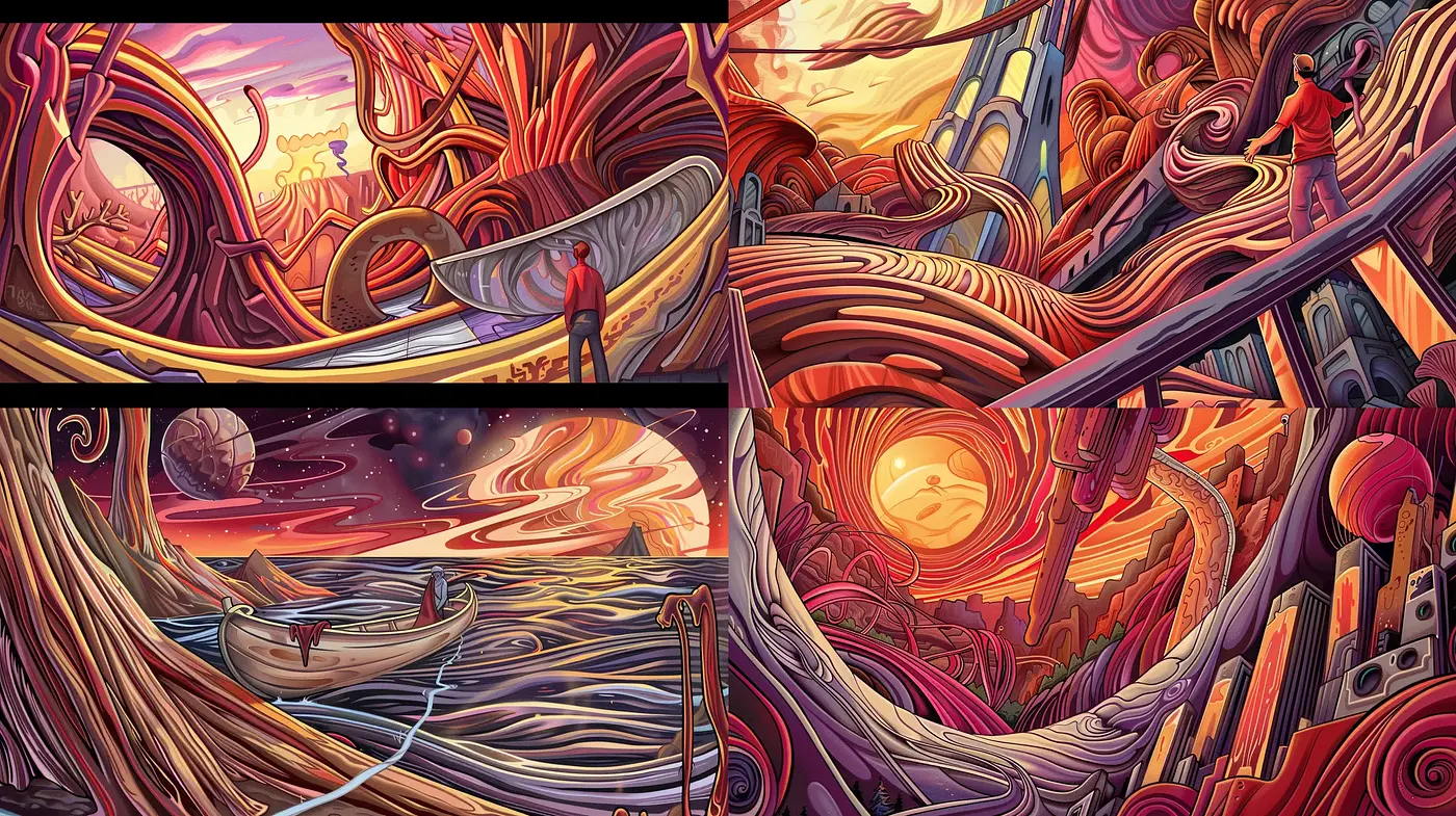 Surreal Twilight Vistas: A Symphonic Blend of Vibrant Hues and Fluid Forms - Midjourney sref style