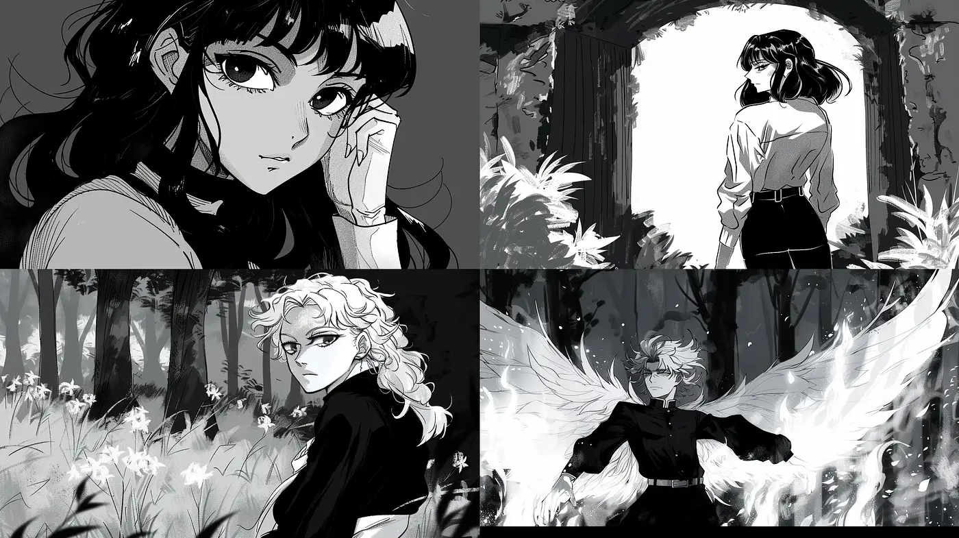 Monochromatic Elegance: An Homage to Manga Artistry - Midjourney sref style