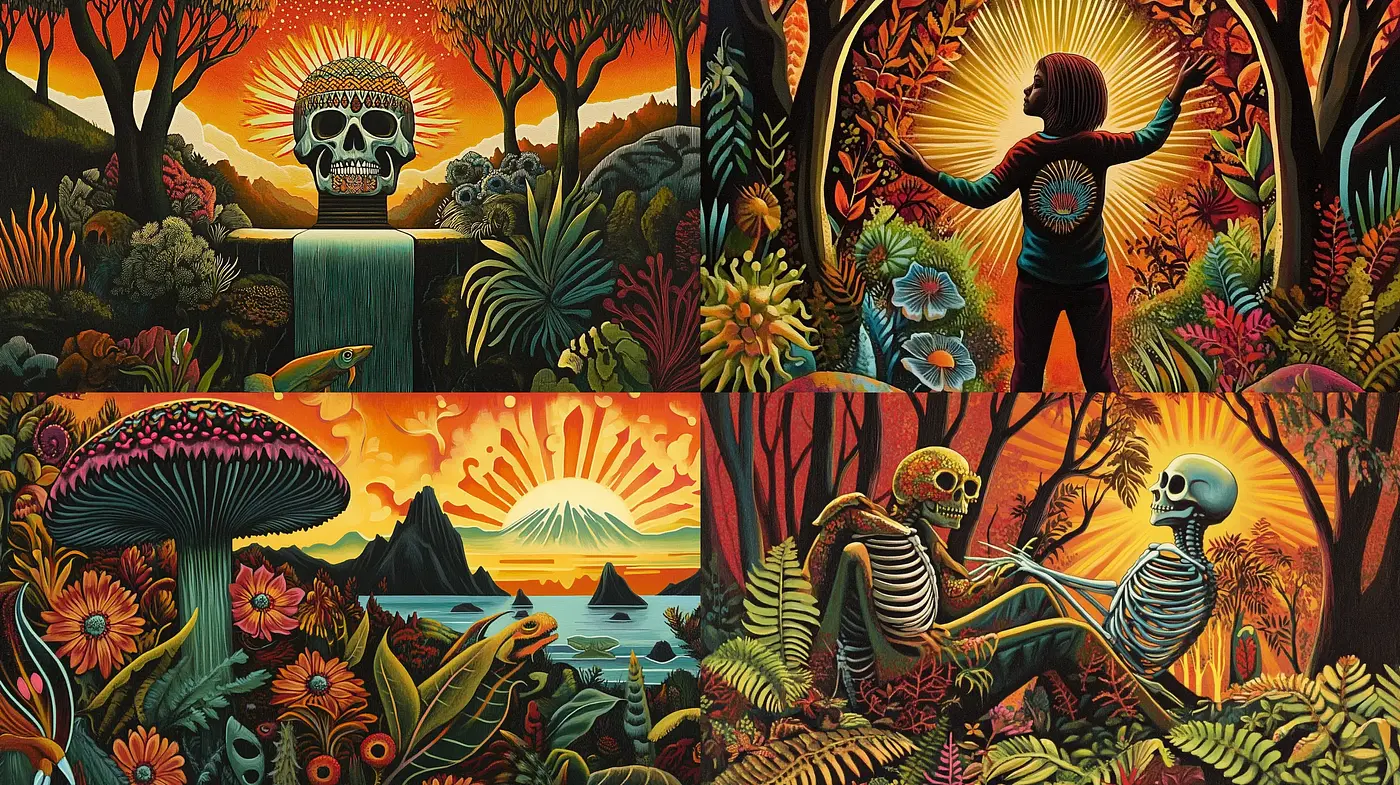 Sunset Psychedelia: A Vivid Journey Through Surrealist Landscapes - Midjourney sref style