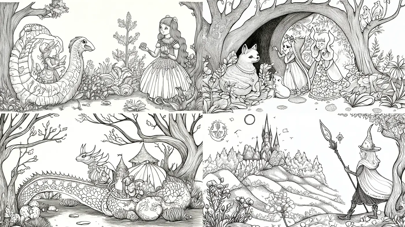 Enchanted Monochrome Fairy Tale Illustration - Midjourney sref style