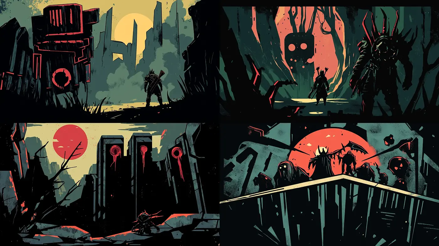 Stylized Dystopian Silhouette Imagery with Monochromatic Tendencies - Midjourney sref style