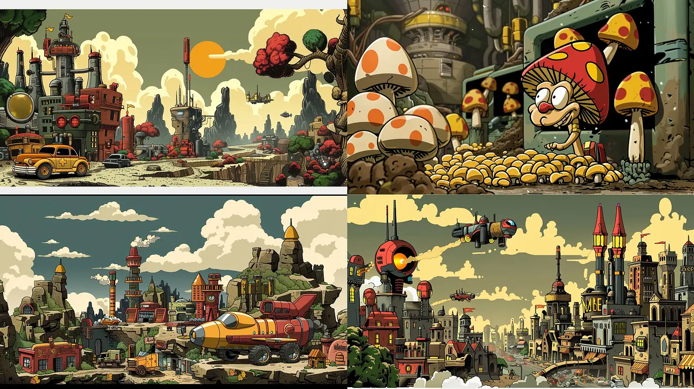 Futuristic Vintage Metropolis with a Whimsical Comic Essence - Midjourney sref style