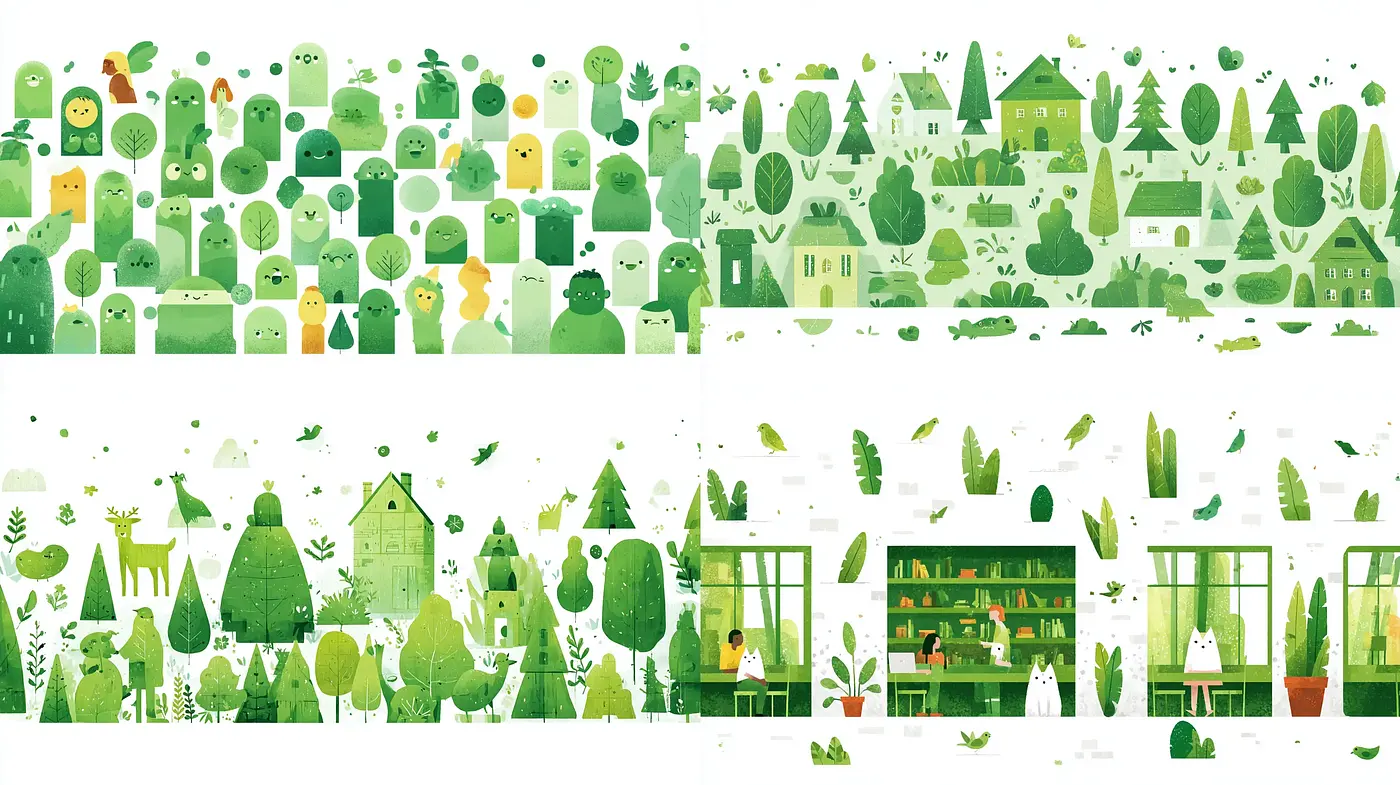 Lush and Whimsical Green Landscapes with Simplistic Characters - Midjourney sref style