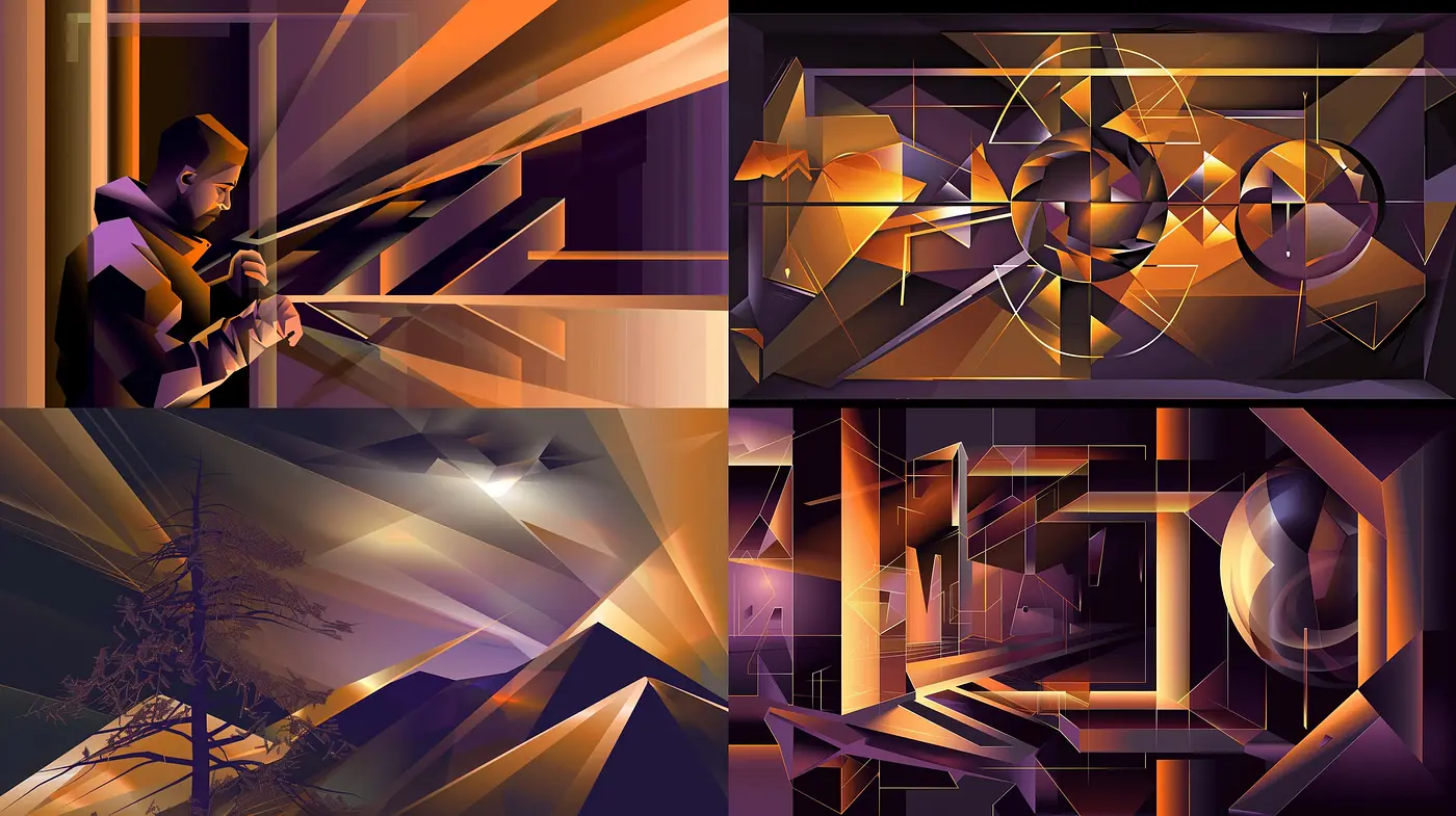 Geometric Harmony in Amber Twilight: A Study of Abstract Forms and Luminous Shades - Midjourney sref style