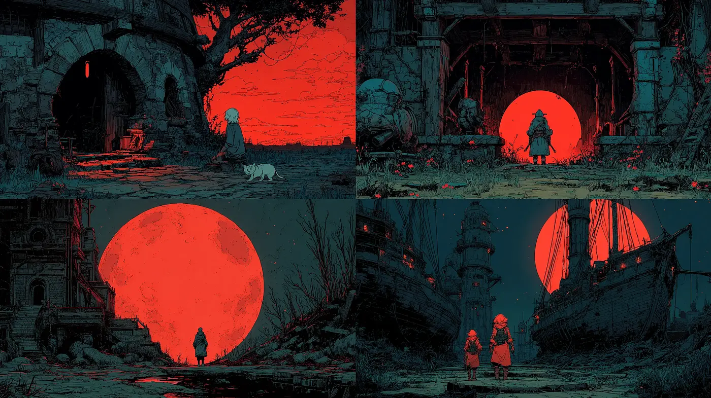 A haunting blend of atmospheric landscapes with vivid contrasts and organic forms - Midjourney sref style