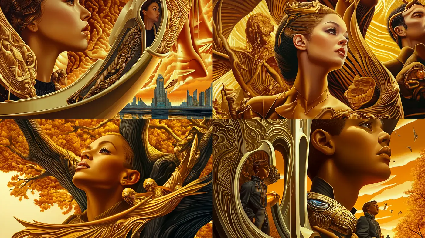 Luminous Elegance in Amber: A Fusion of Art Nouveau and Surrealism - Midjourney sref style
