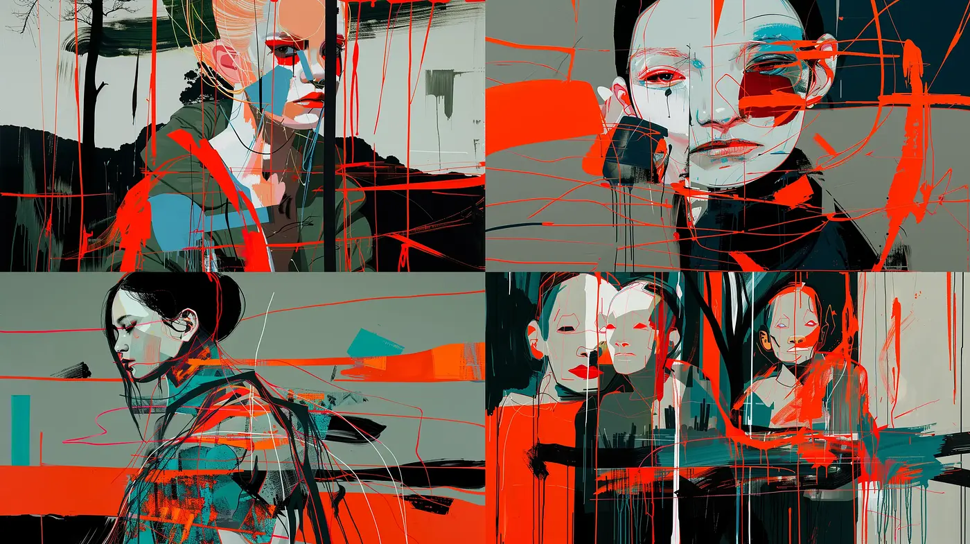 Distorted Elegance in Red and Teal: A Meld of Geometry and Abstract Expressionism - Midjourney sref style