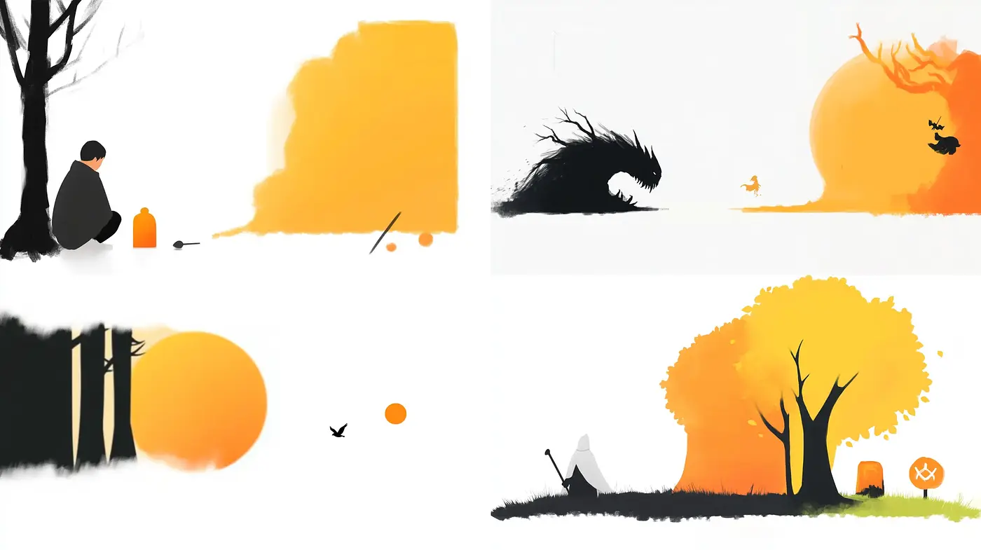 Silhouette and Sunset Hues: A Study in Stark Contrasts and Warm Tones - Midjourney sref style