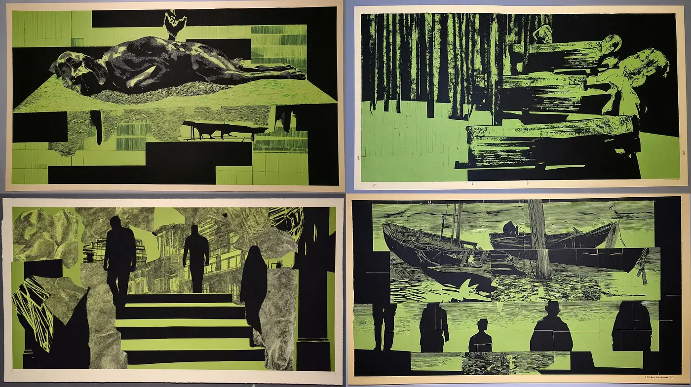 Dynamic and cohesive exploration of monochromatic contrasts with surreal elements - Midjourney sref style