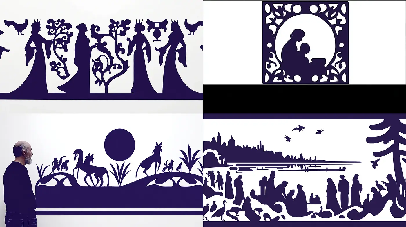 Stylized silhouettes with a whimsical and narrative quality - Midjourney sref style
