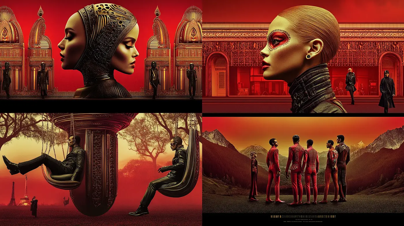 Futuristic Elegance with a Surreal Crimson Twilight Overtones - Midjourney sref style