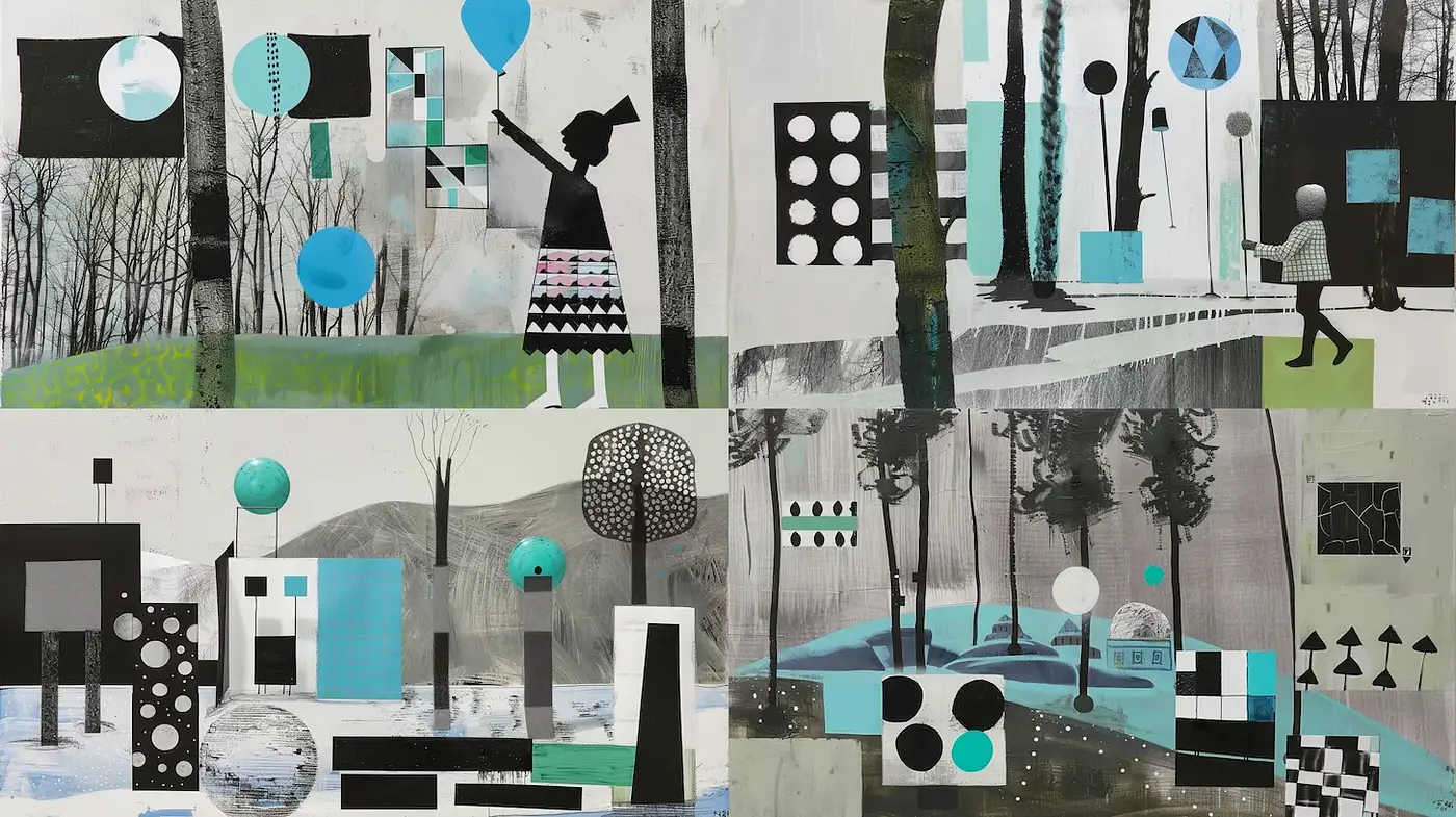 Modern Collage with Abstract and Whimsical Elements - Midjourney sref style