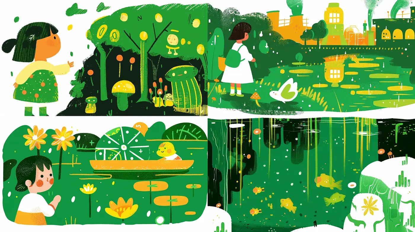 Enchanting Illustrative Garden Dreamscape in Lush Green Tones - Midjourney sref style