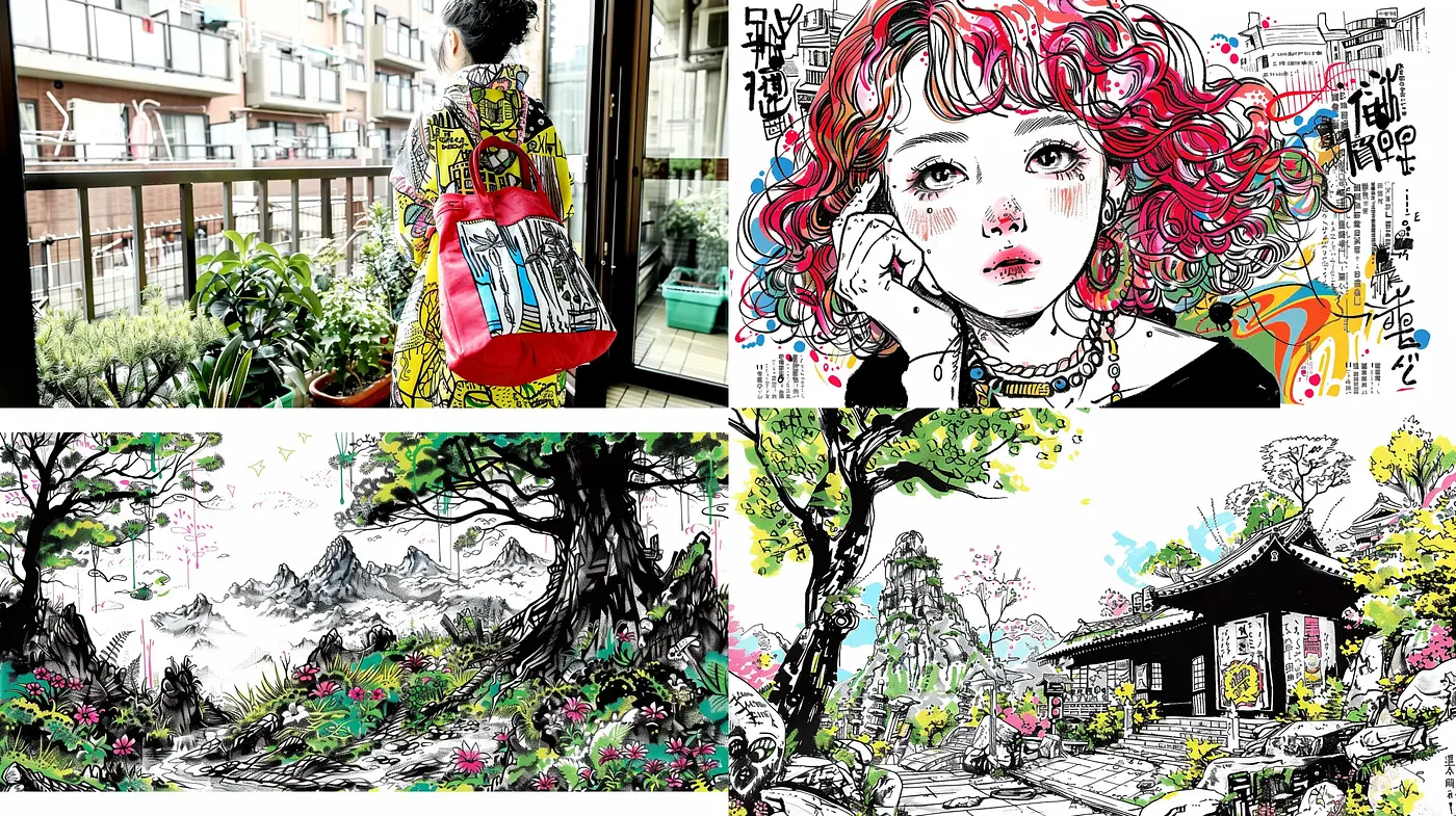 Eclectic Fusion of Modern Vibrance and Traditional Ink Wash - Midjourney sref style