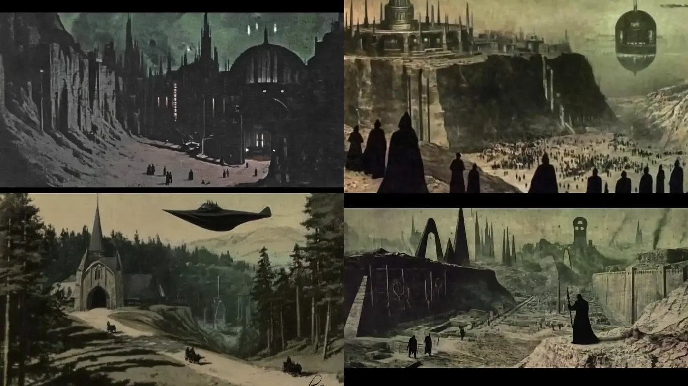 Ethereal Dystopian Panoramas: A Homage to Futurism and Gothic Sensibilities - Midjourney sref style