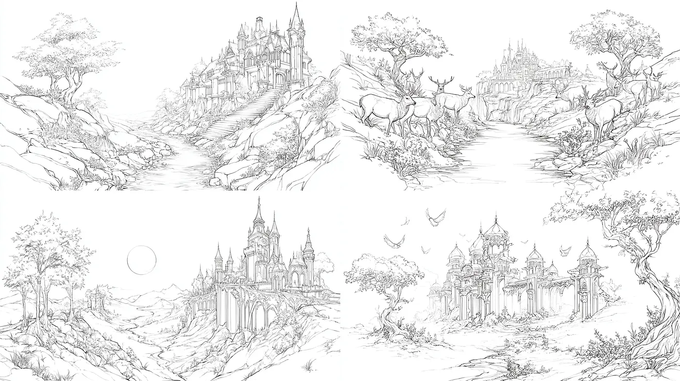 Ethereal Landscapes with Architectural Fantasies - Midjourney sref style