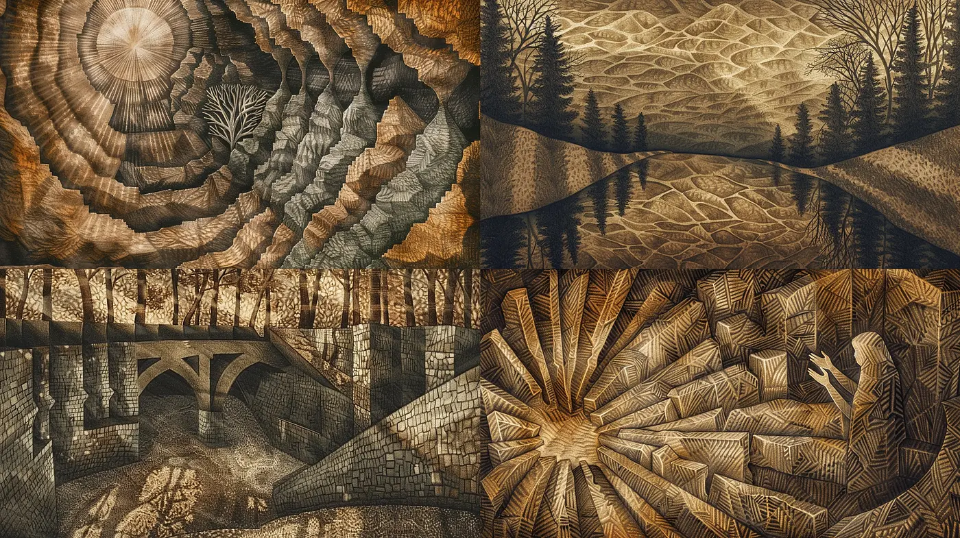 Surreal Geometric Landscapes in Sepia: A Unique Fusion of Mathematical Precision and Artistic Dreamscapes - Midjourney sref style