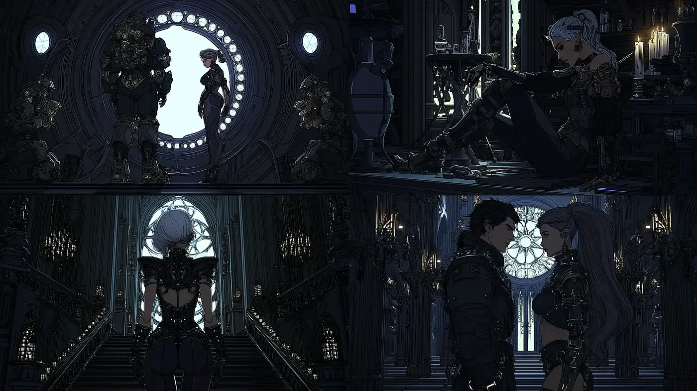 Dark, intricate gothic steampunk aesthetic with evocative character interplay - Midjourney sref style